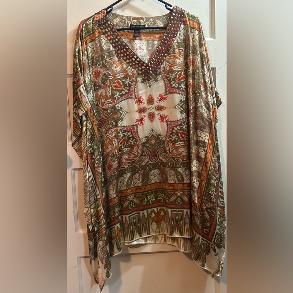 100% silk draped tunic green, rust, tan multi colored - Picture 1 of 4